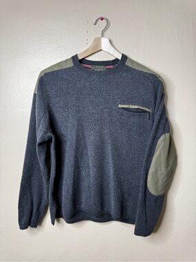 J.L. Powell Sweater Mens Medium Gray Green Elbow Patch Wool Cashmere Preppy